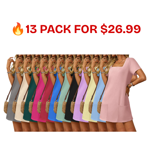 Womens Solid Casual Summer Square Neck Short Sleeve Mini Dresses Loose Fit Solid A-Line Tshirt Dress with Pockets