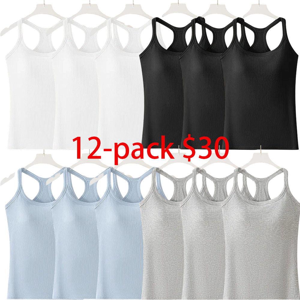 Women's 8-Pack Ribbed Built-in Bra Tank Top – Racerback Cropped Camisole with Removable Pads Wireless Supportive Yoga Top