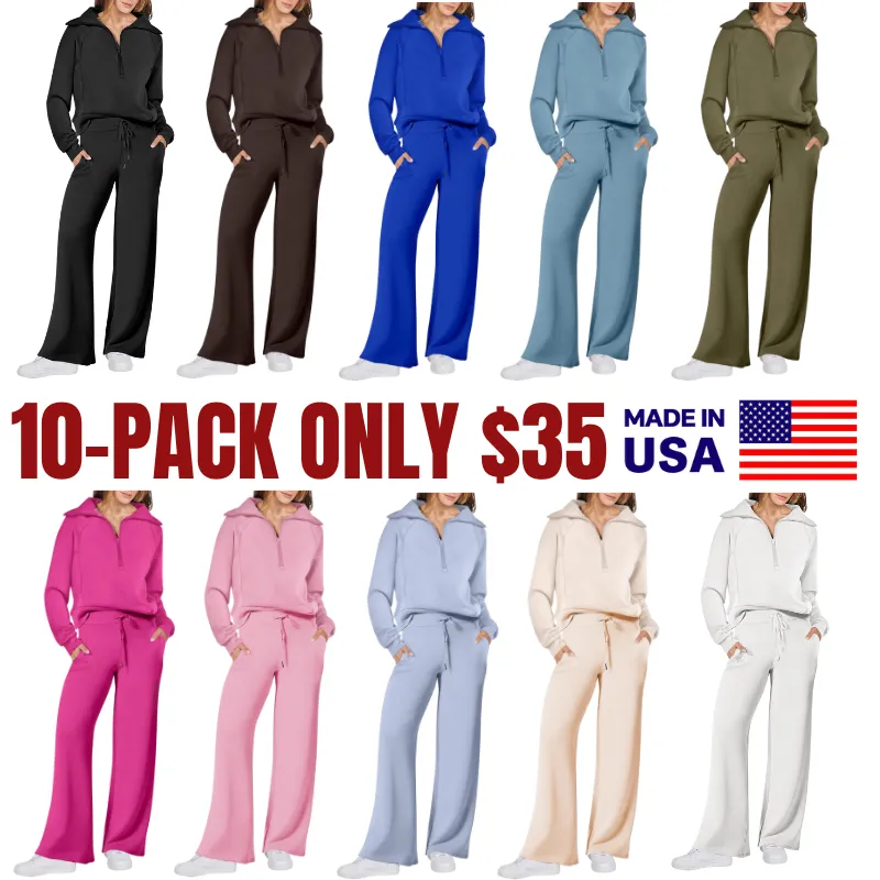 🔥Final Day Clearance!🛒Women's 2 Piece Outfits Casual Lapel Half Zip Sweatshirts And Wide Leg Pants Tracksuit Sets🔥8-PACK ONLY $28🔥