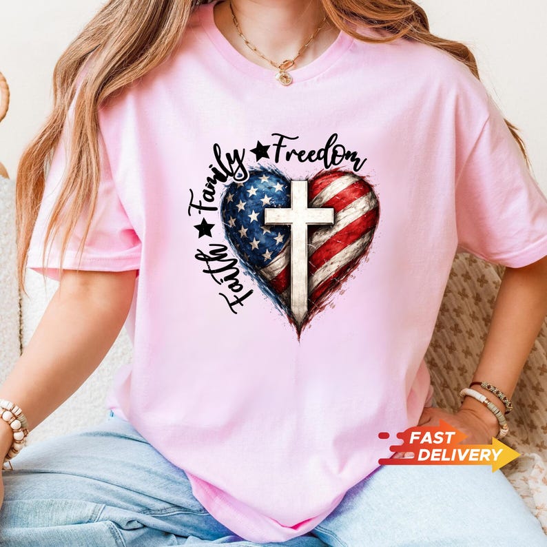 Faith Family Freedom Cross Shirt, Patriotic Christian 4th of July Tee