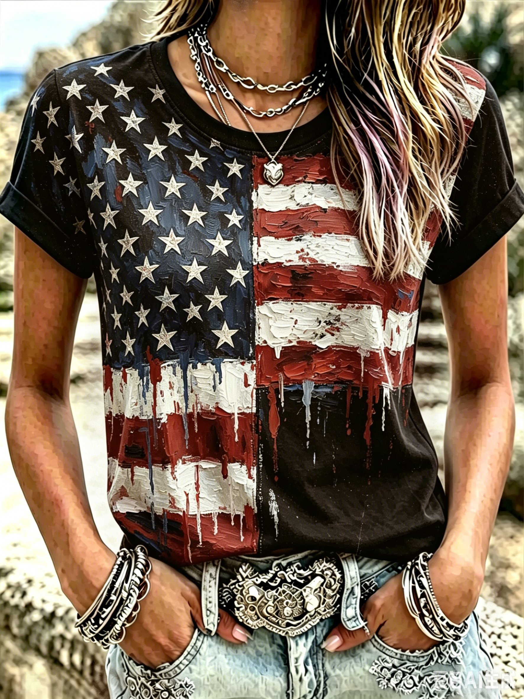 Women's Retro Casual American 250Th Anniversary Print Crew Neck T-Shirt