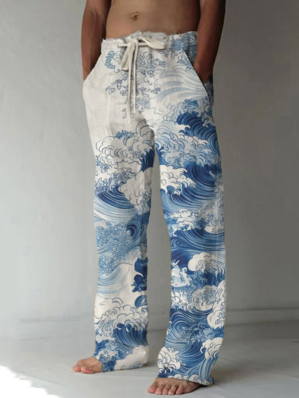 Men's Waves Watercolor Art Print Casual Pants
