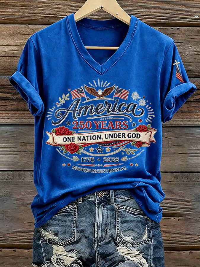 Women's America 250 Years One Nation Under God Print V Neck T-shirt