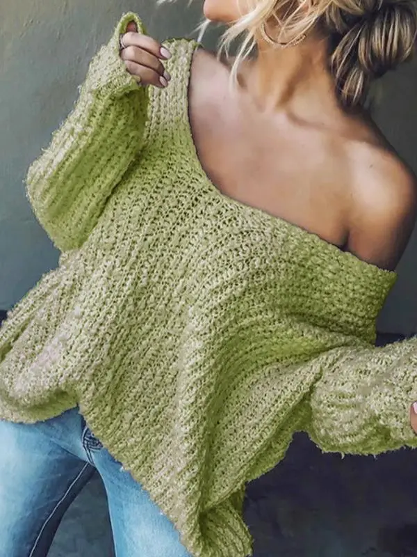 Women's Plain Drop Shoulder V Neck Sweater