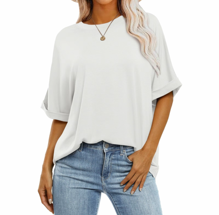 2025 Women's Oversized T-Shirt - Crewneck, Short Roll Sleeves, Relaxed Fit