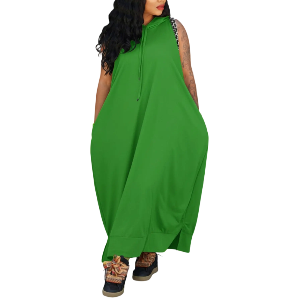 Women's Plain Drawstring Hooded Tank Dress, Casual Basic Pocket Sleeveless Dress