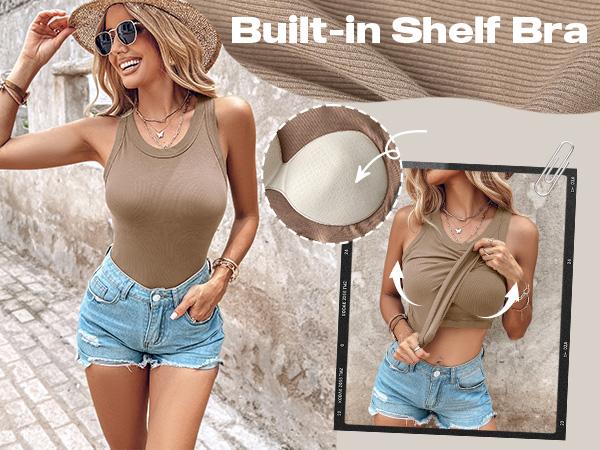 🔥Last day promotion! Seamless Ribbed Built-In Bra Racerback Tank Top for Women