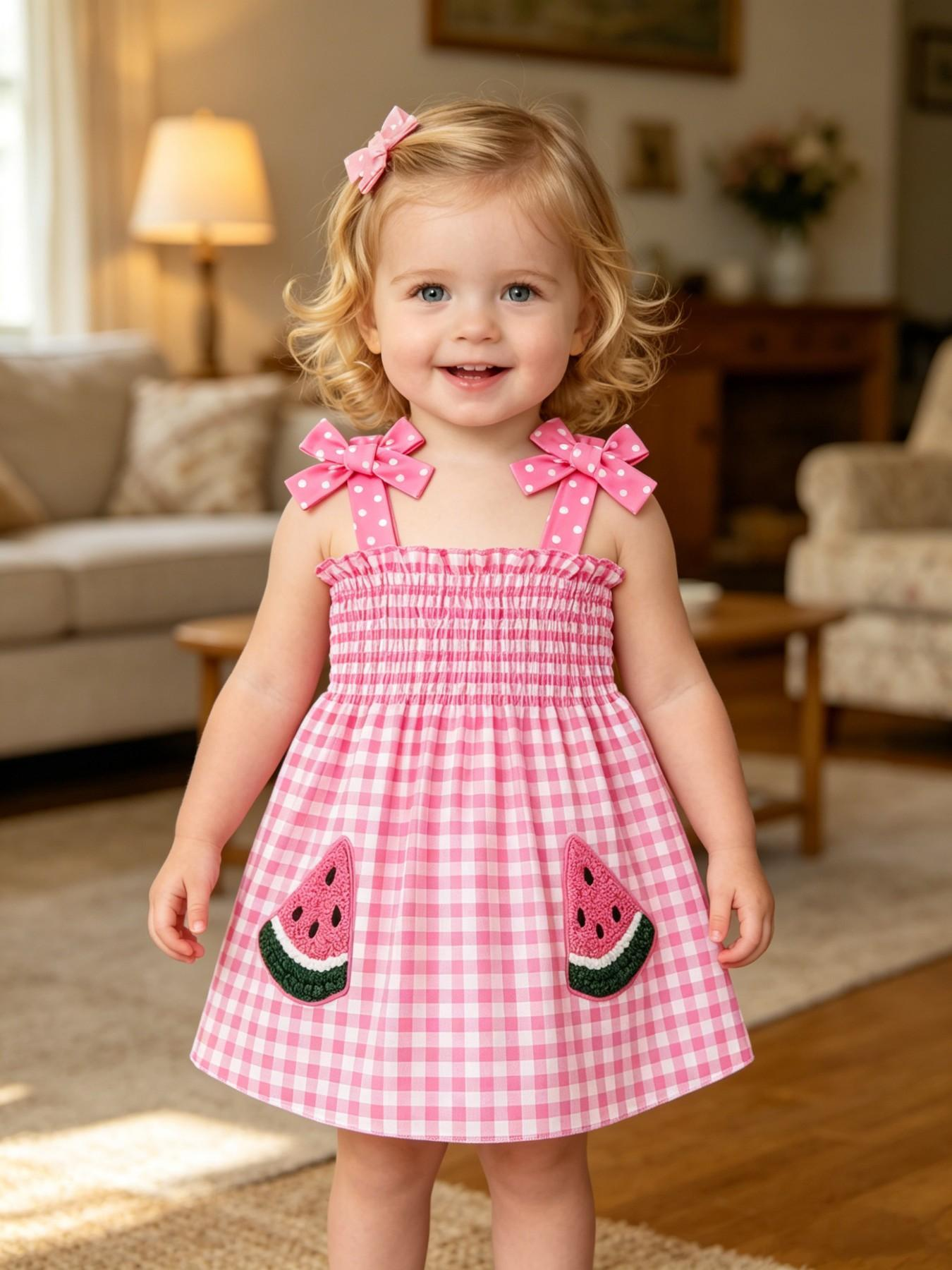 🌞 Cute & Sweet Summer Set for Girls! Plaid & Fruit Prints, Bow Shoulder Straps, 4-Piece Versatile Kids' Outfit for Summer Fun! 👗🍉