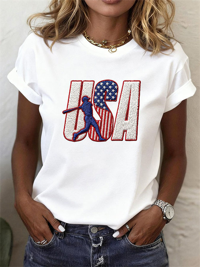 Women's Classic American Baseball Event Printed Round Neck Short Sleeve T-shirt