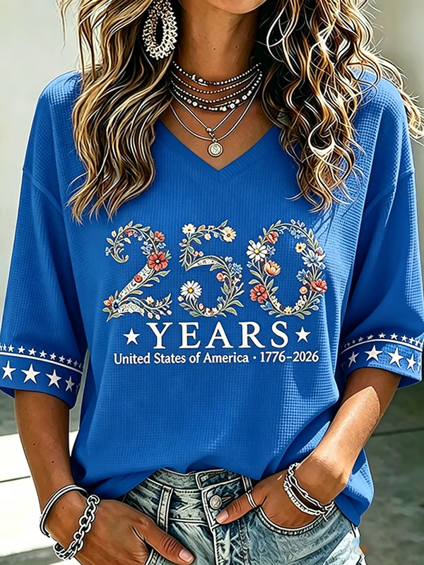 Ladies' American Flag Printed Casual Long Sleeve V-neck T-shirt