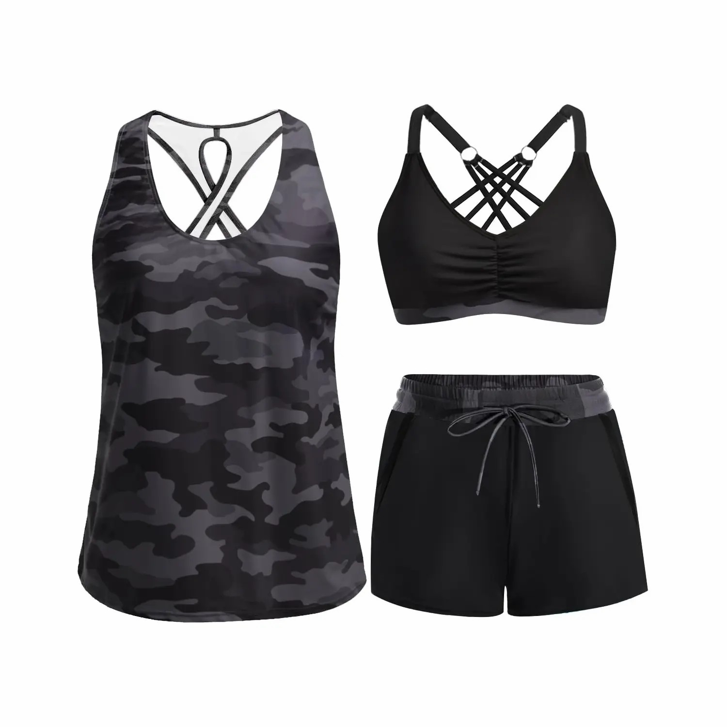 Women's 3-Piece Tankini with Swim Shorts – Modest Athletic Bathing Suit with Pockets