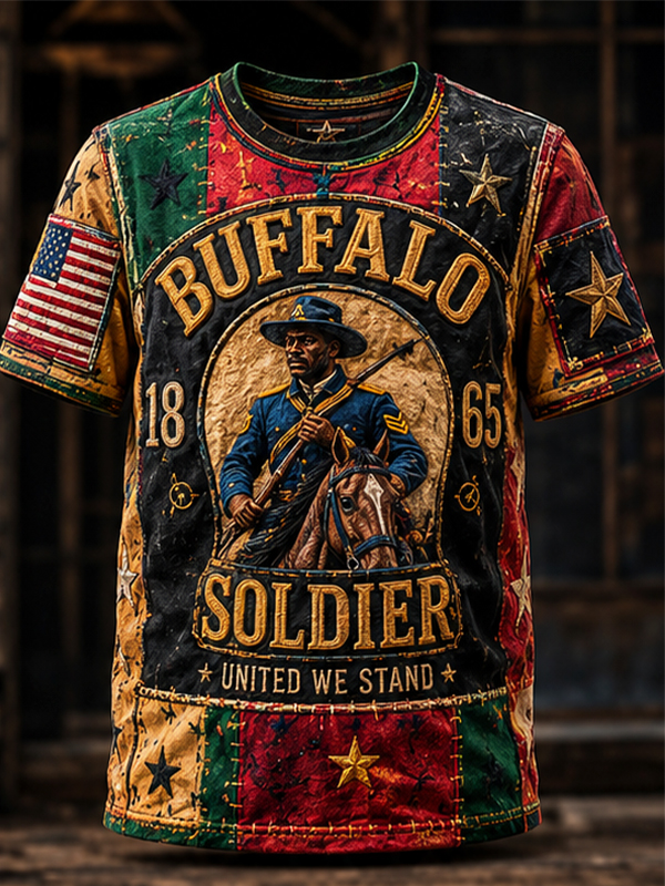 Men's Buffalo Soldier Retro Geometric Patchwork Art Pattern Casual T-Shirt