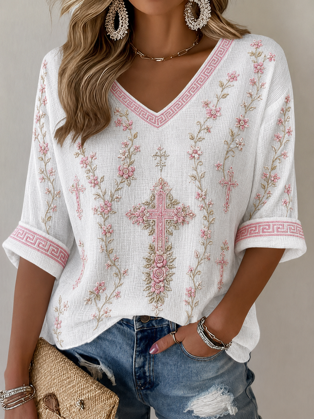 Women'S Casual Floral Cross Print V-Neck T-Shirt