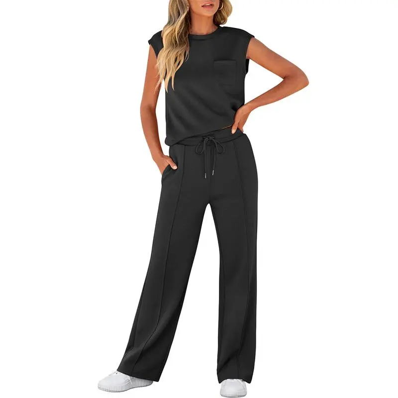 Women's 2 Piece Sleeveless Lounge Set – Casual Summer Tracksuit with Wide Leg Pants, Comfy Matching Outfit for Vacation & Everyday Wear