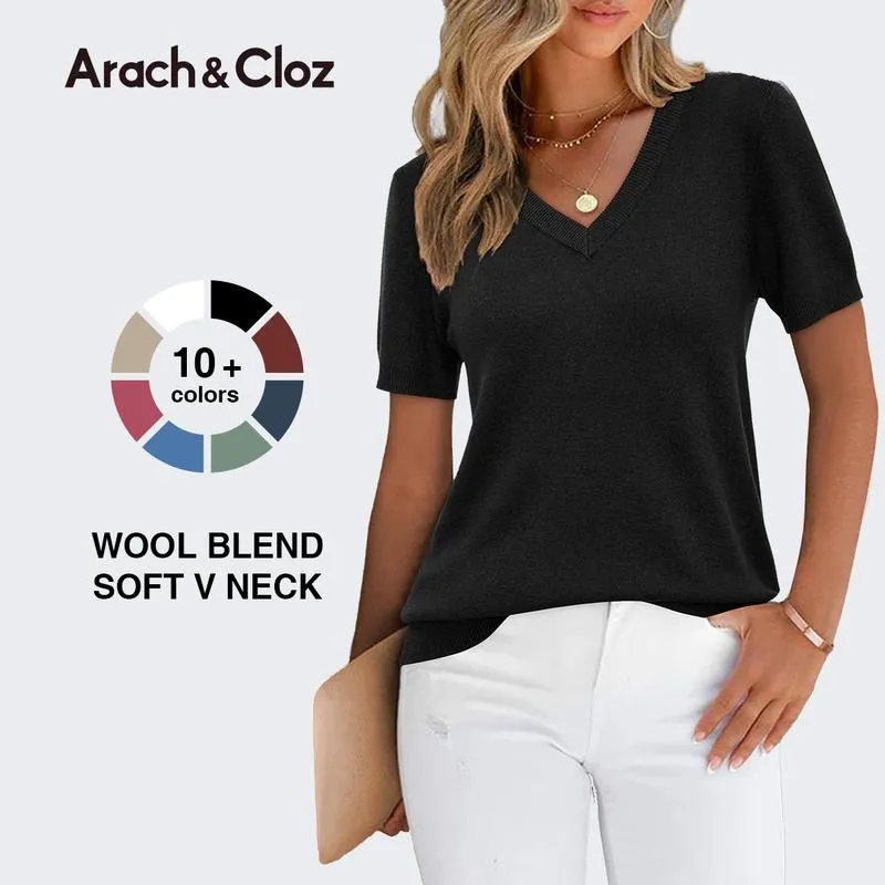 Womens Wool Blend Sweater Soft V Neck Short Sleeve Spring Fashion Pullover Tops