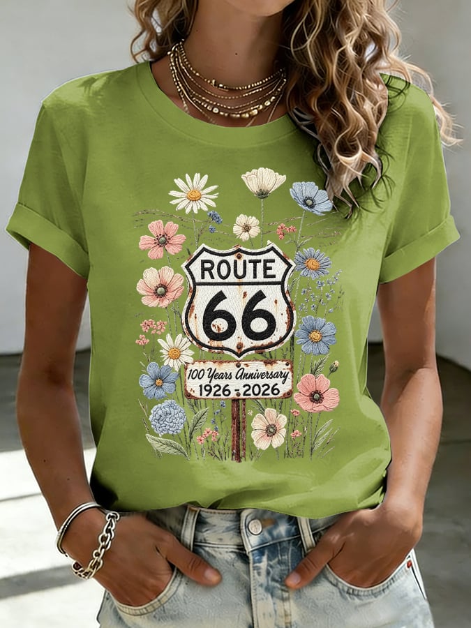 Women's Route 66 Centennial Floral Print Casual T-shirt