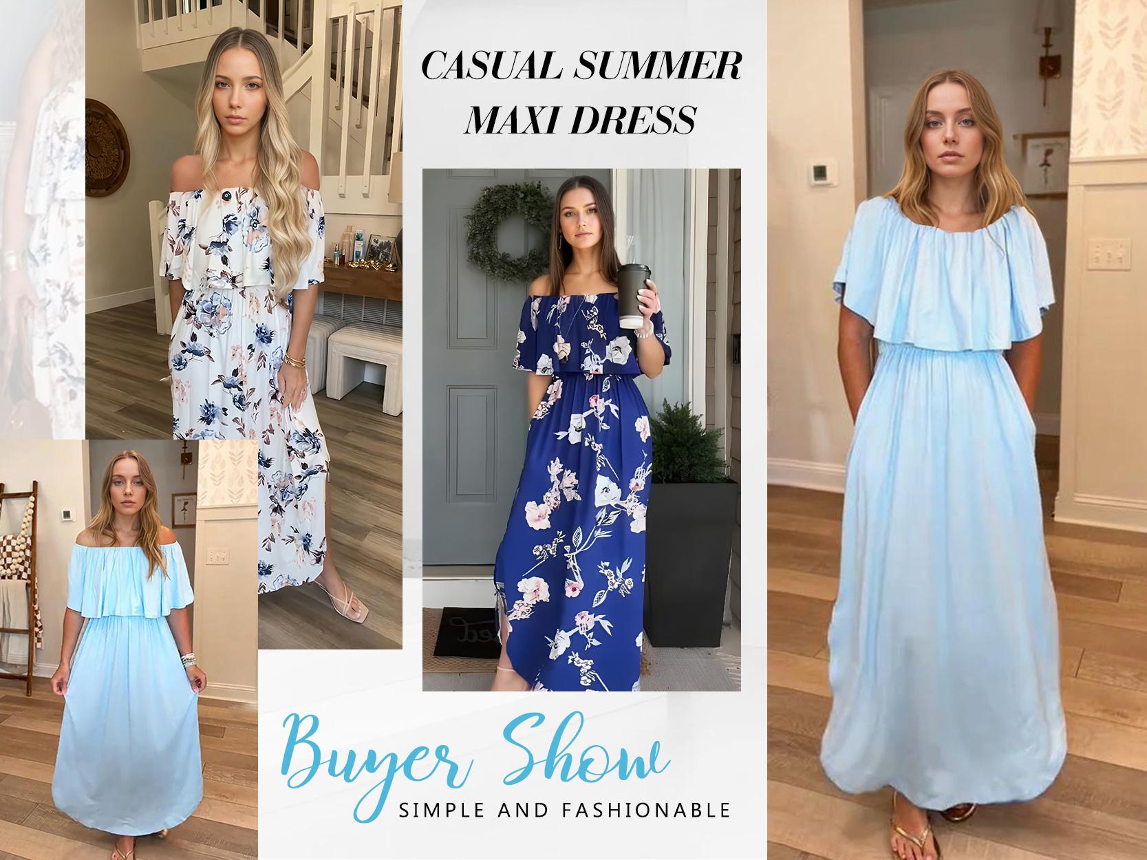 Womens Off The Shoulder Dress Wedding Guest Dress Summer Casual Long Ruffle Party Side Split Beach Maxi Dresses with Pockets