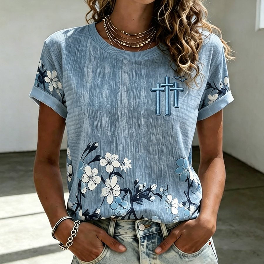Women'S Casual Floral Print Cross Round Neck Short Sleeved T-Shirt