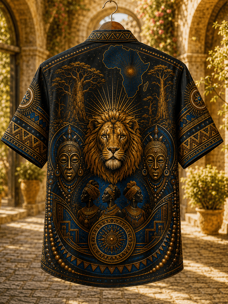 Men's Shirt with Egyptian Motif and African Lion Print