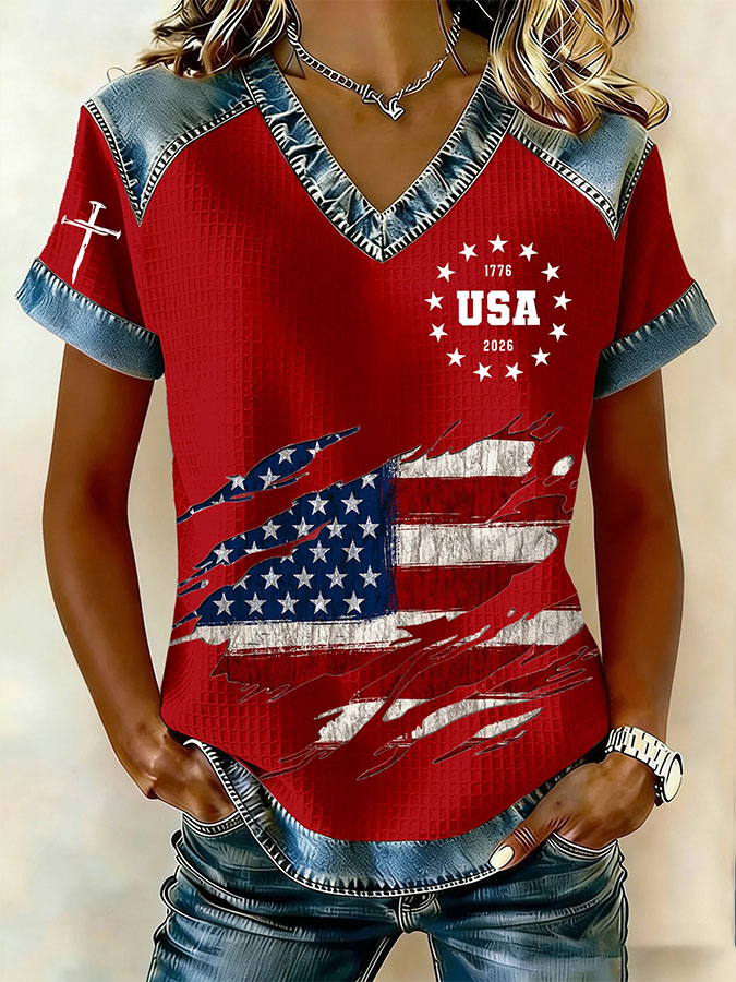 Women's Retro 250th Independence Day Round Neck Waffle Hoodie