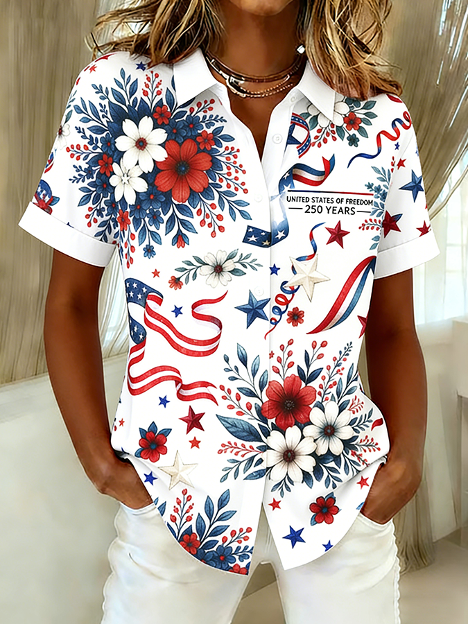 Ladies' Casual Commemorative American Flag Floral Collar Short Sleeved Shirt