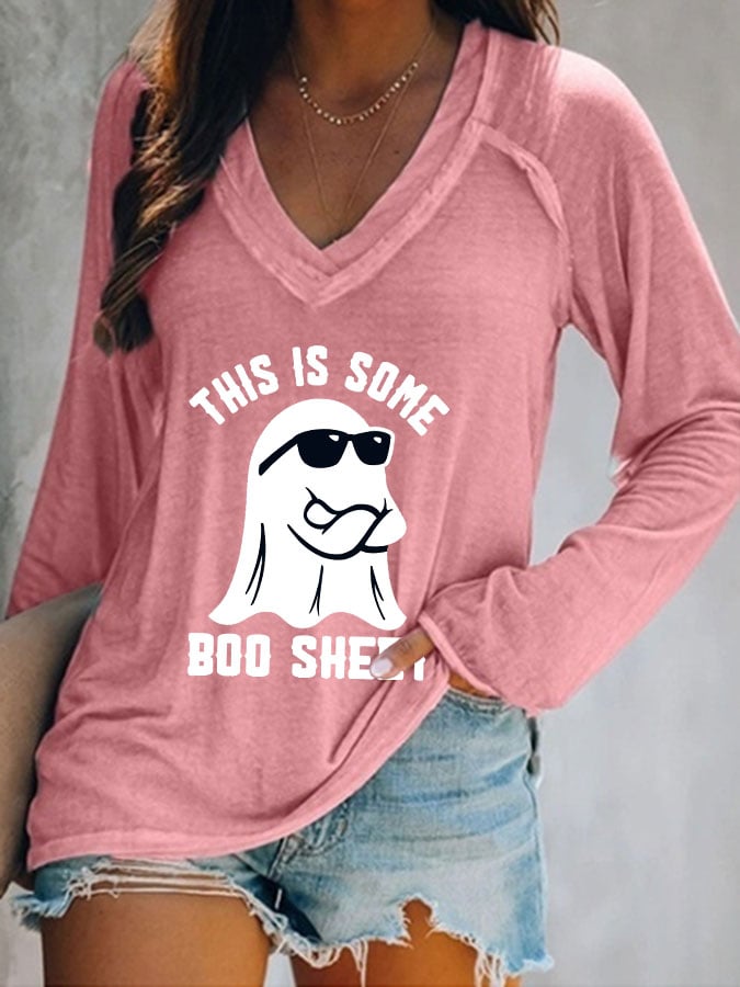 Women's Halloween This Is Some Boo Sheet Printed Casual Long Sleeve V-Neck T-Shirt