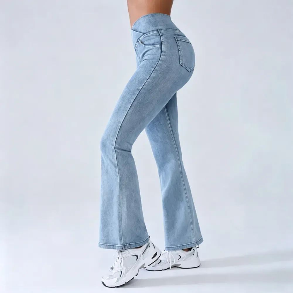 Women's High-Waisted Stretch Jeans with Crossover Design — Slim-Fit Flared Denim Leggings