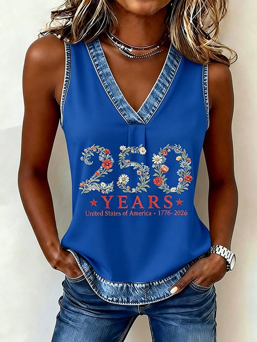 Women'S 250Th Anniversary Freedom Flower Art Print Casual V-Neck Vest