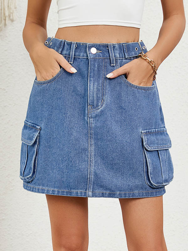 Adjustable Elasticity Pockets Split-Joint High Waisted Loose Skirts Bottoms