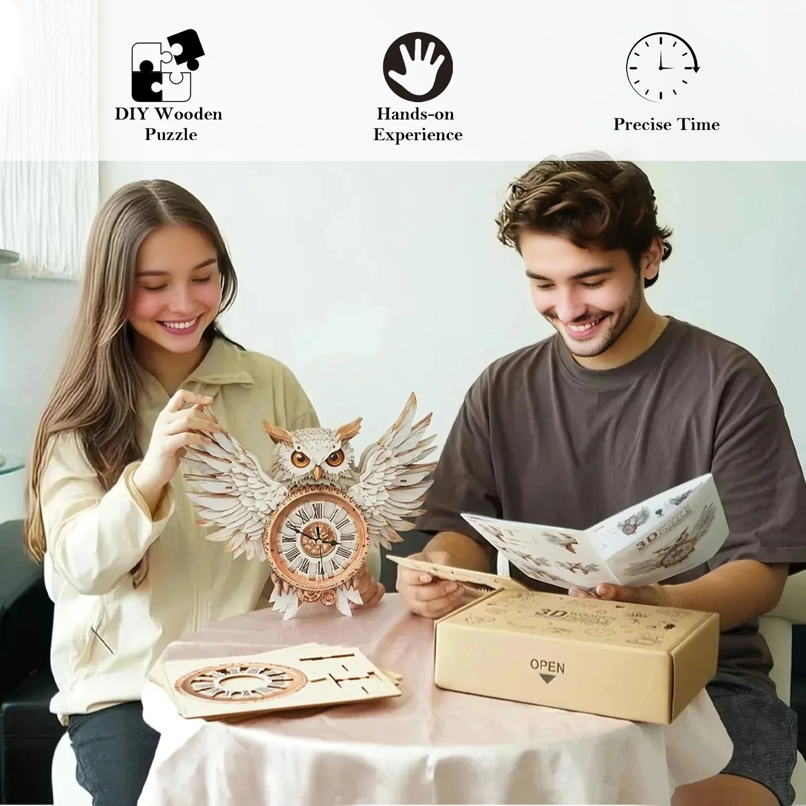 Snowy OwlDIY Wooden Clock, 3D Puzzle Craft Kit
