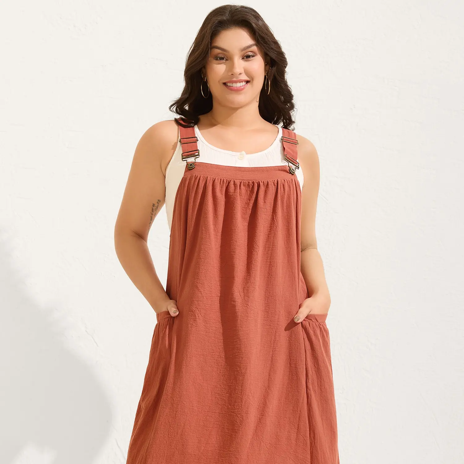 [M-6X] Cotton Pinafore Overall Dress Sleeveless with Square Neckline  Adjustable Strap and Pleated Pockets Breathable Midi Length Side Seam Plus Size Minimalist 2026 Summer Pick for Mother's Day