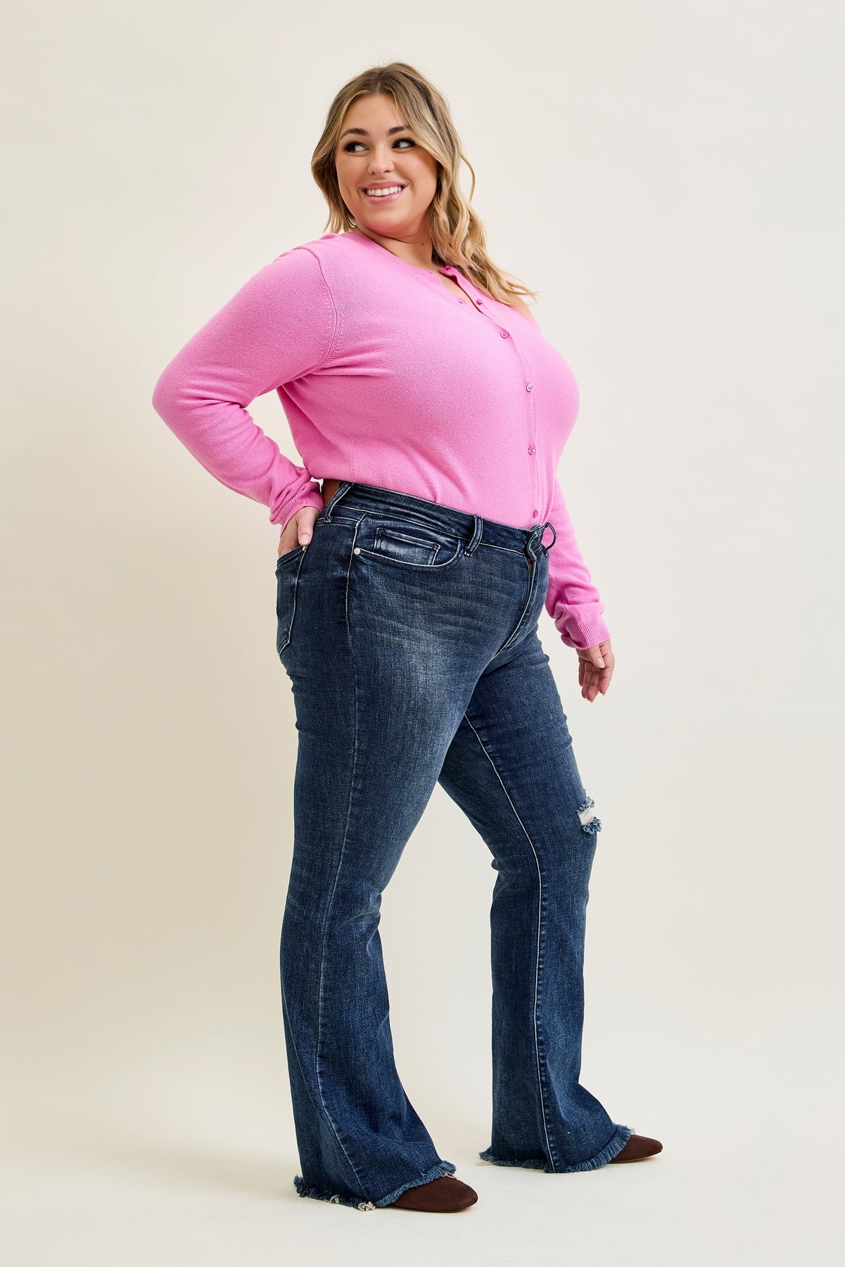 Amanda Mid Rise Flare Jeans with Distressed Knee & Frayed Hem - PLUS