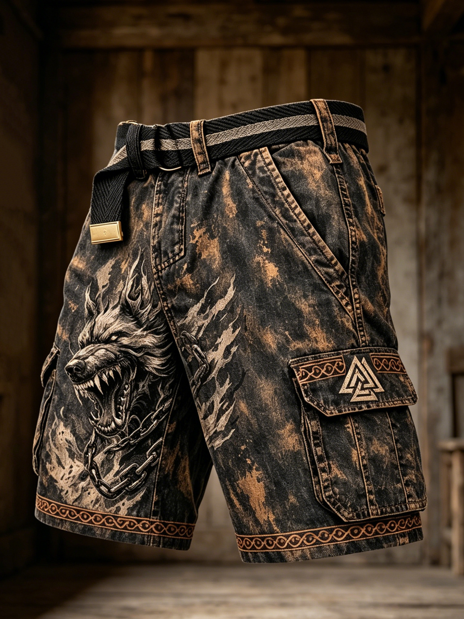Men's Viking Wolf Rune Art Print Casual Shorts