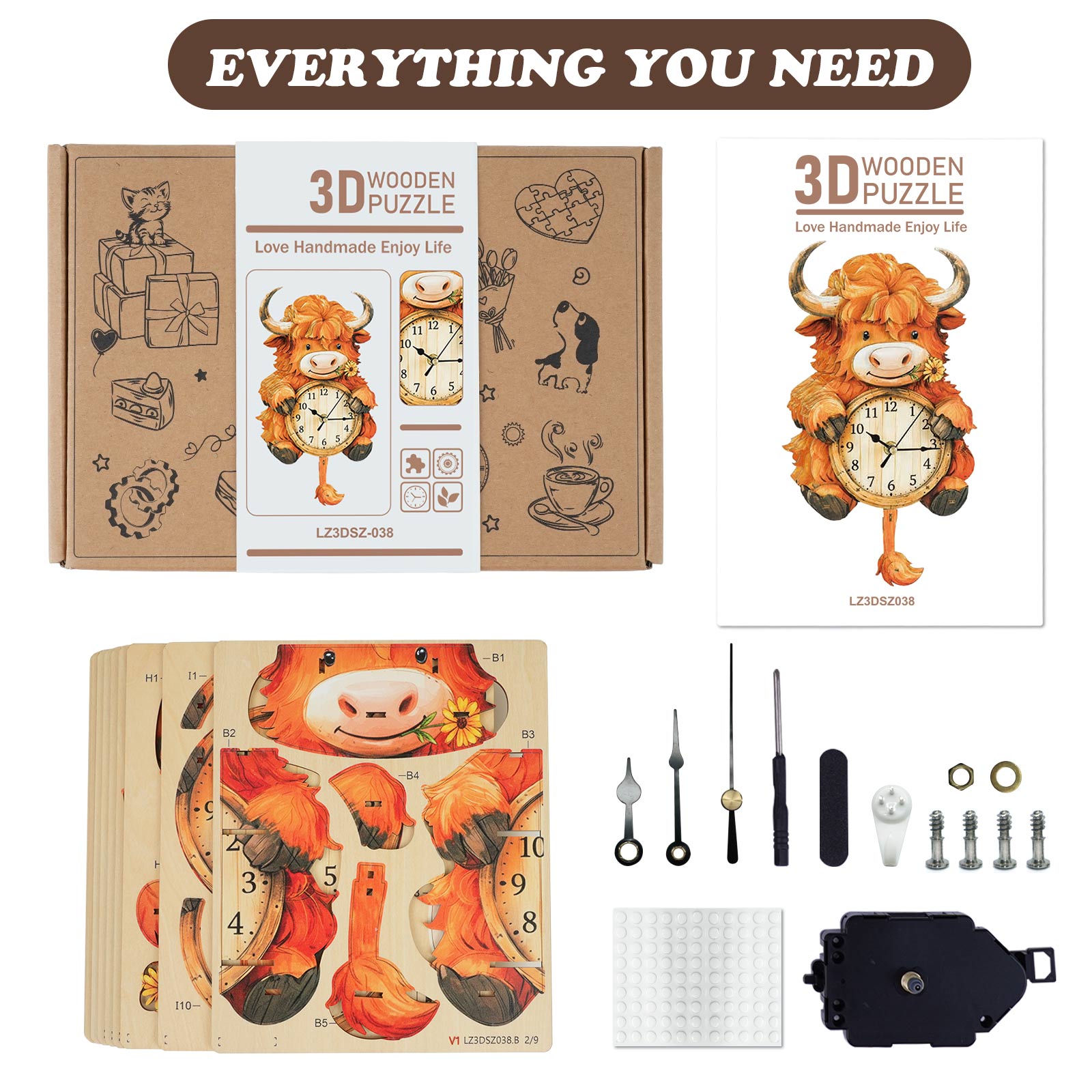 Highland Cattle DIY Wooden Clock, 3D Puzzle Craft Kit