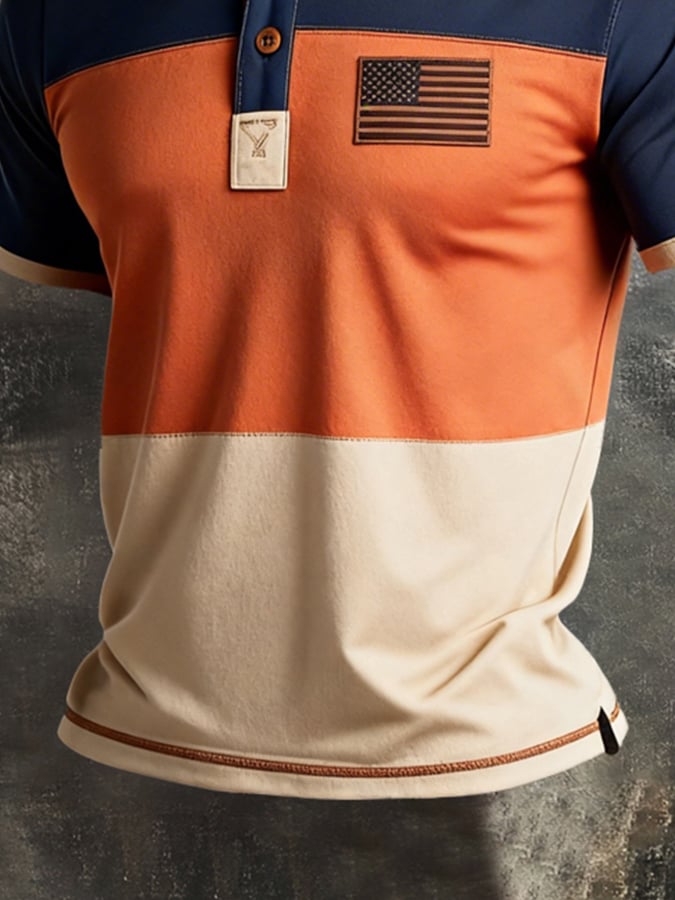 Men's Retro Patriot Color Block Polo Collar Short Sleeve