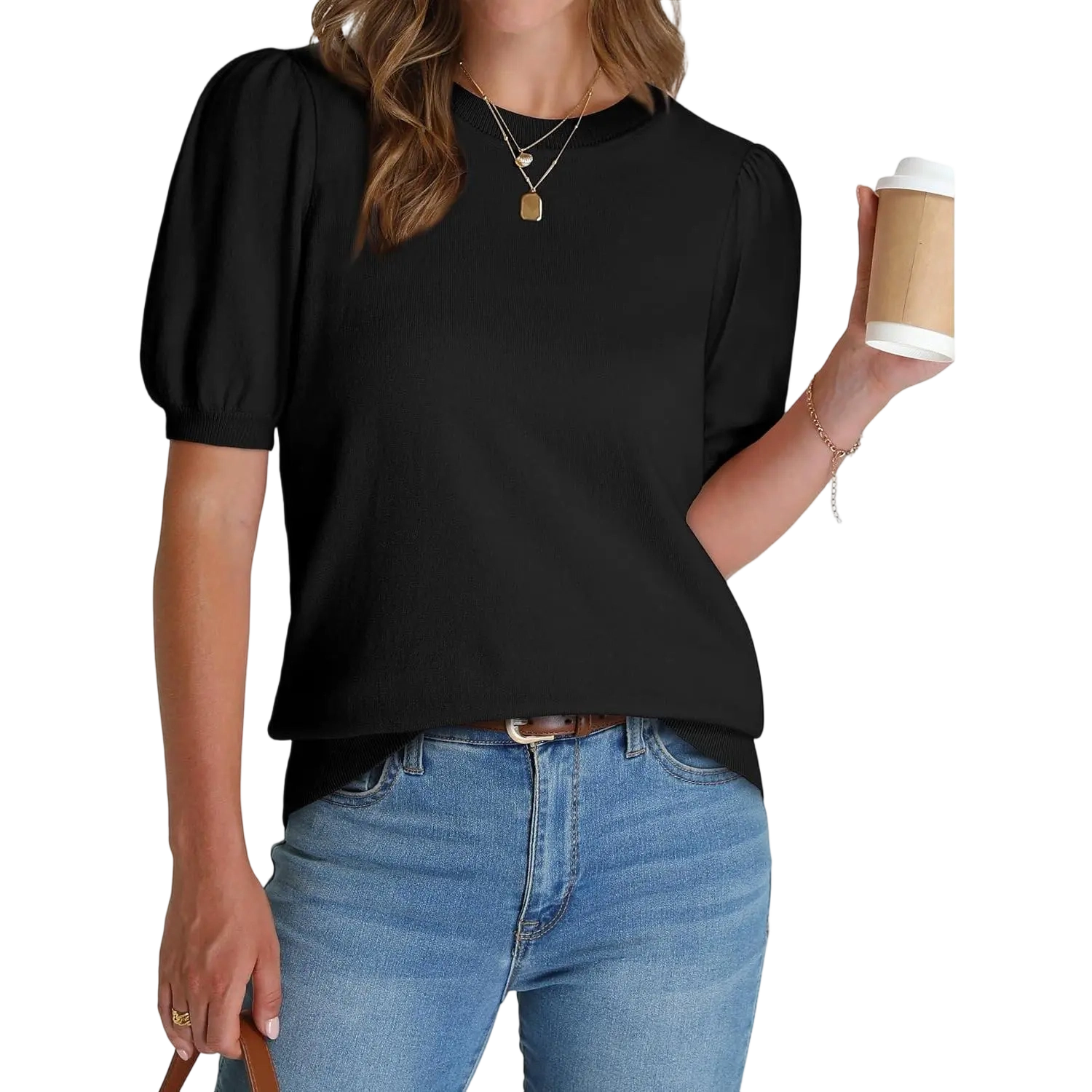 Women's Puff Short Sleeve Lightweight Knit Top Soft Breathable