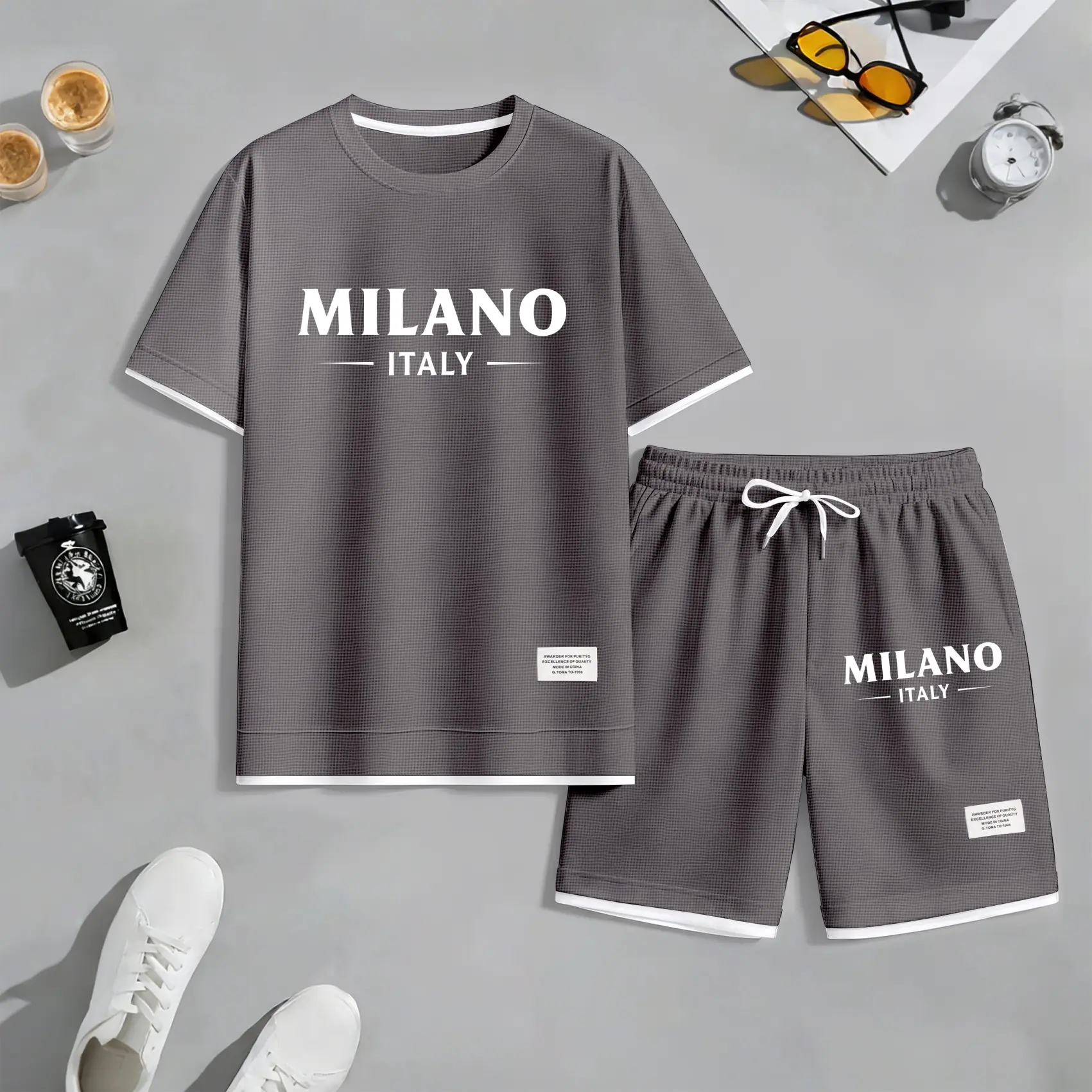 Men's Polo Print Drawstring Shorts Set For Spring/Summer