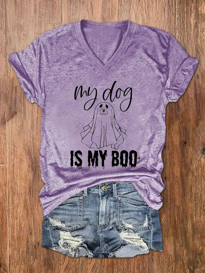 Women's My Dog Is My Boo Halloween Dog Print V-Neck T-Shirt