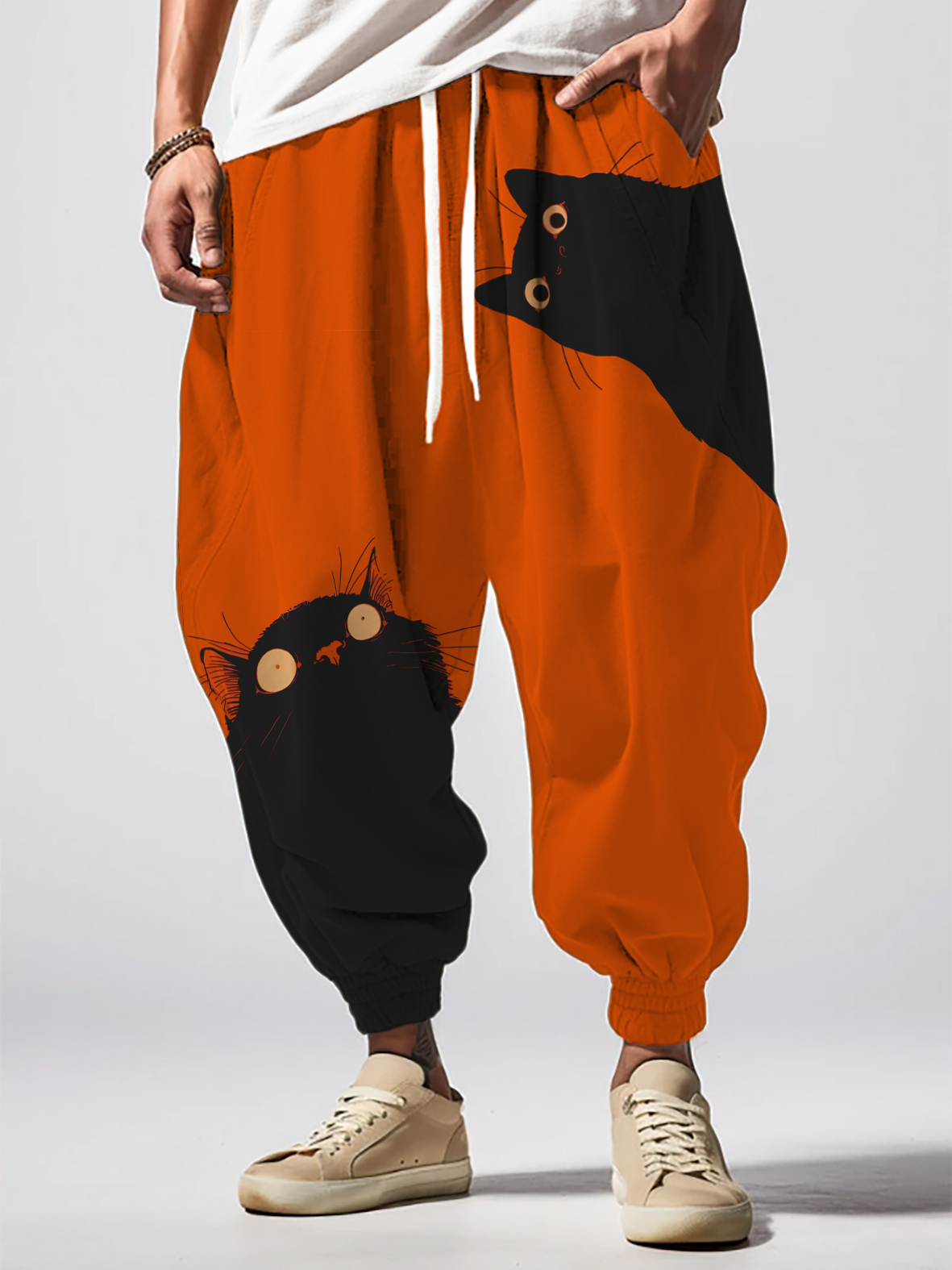 Men's Black Cat Printed Loose Drawstring Waist Sweatpants