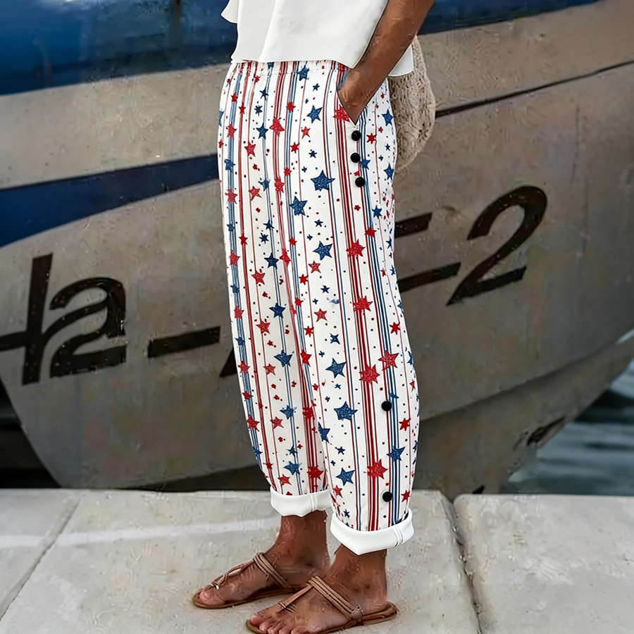 Women's Red, White, And Blue Five Pointed Star Printed Casual Pants