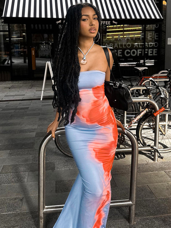 Contrast Print Bodycon Tube Dress With Slits