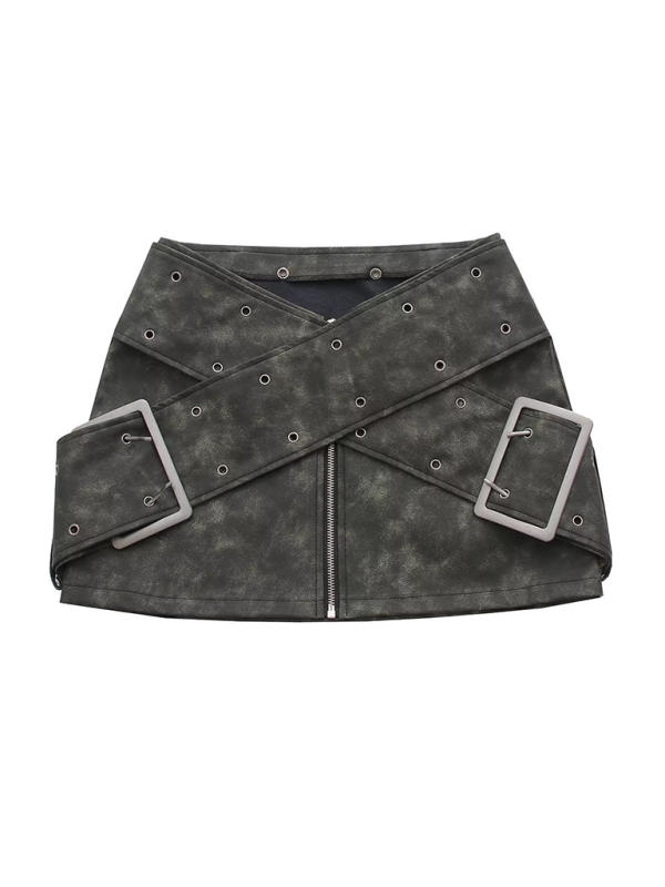 Retro Workwear Style Zipper Belt Decorated Short Pu Leather Skirt