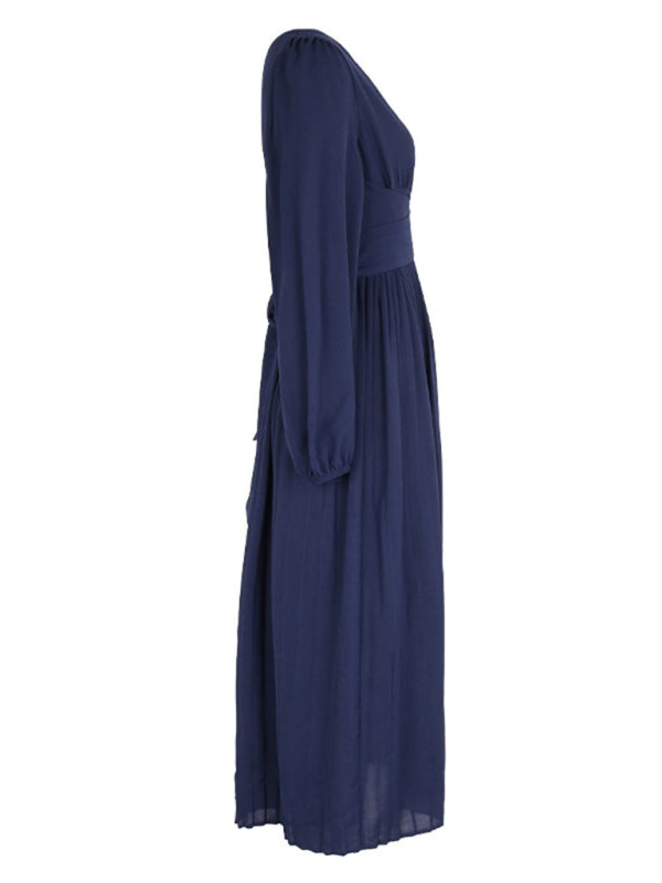 Solid Color Waist Bandage Slit Long Sleeve Dress