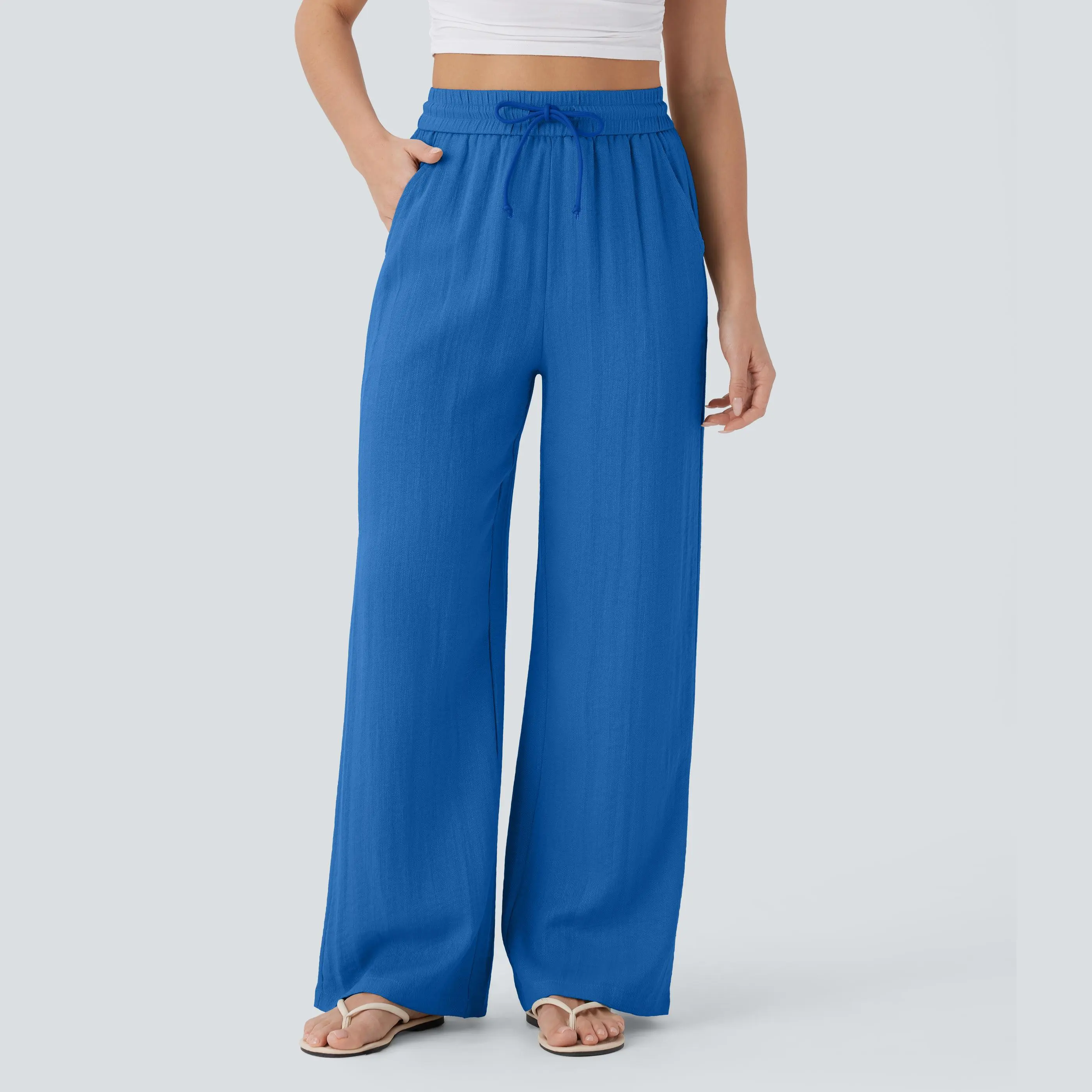 [Creator's Pick] High-Waisted, Drawstring, Pocketed, Wide-Leg Casual Trousers (Faux Linen)