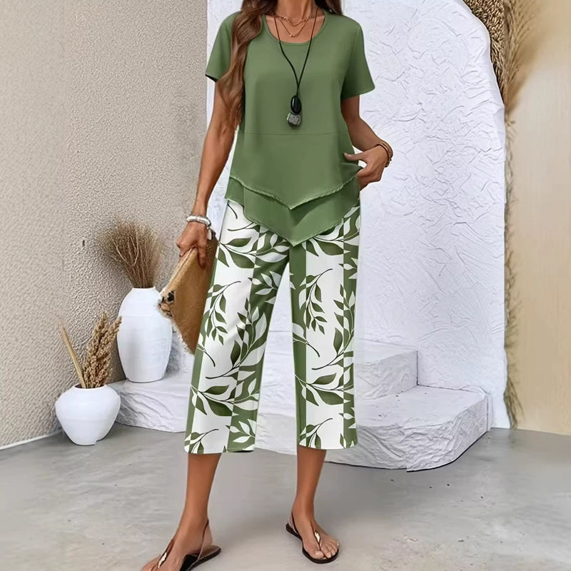 👗LIMITED-TIME 50% OFF! 🍃 Casual 2-Piece Set – Layered Tunic Top & Printed Wide-Leg Pants, Lightweight Polyester 🌸