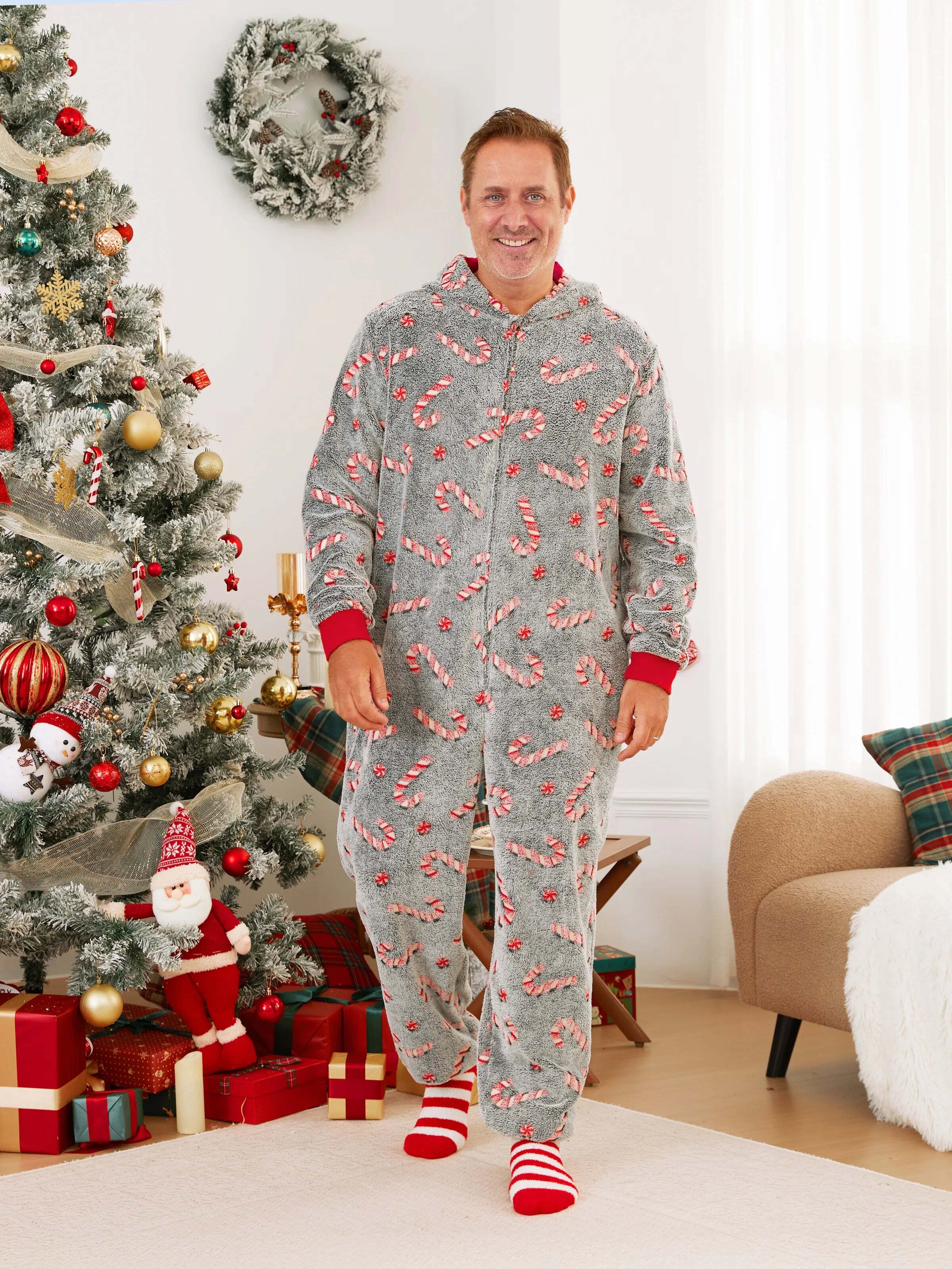 Onesies Pajamas Matching Christmas Outfits Candy Cane Pattern (Glow in the Dark) with Christmas Socks Black
