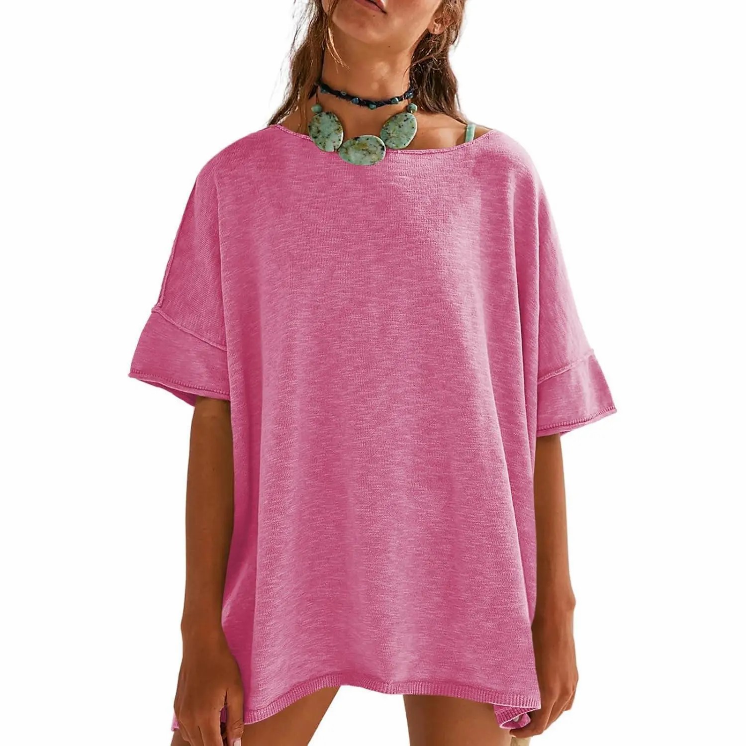 Women's Oversized T Shirts Casual Summer Crew Neck Loose Dropped Short Sleeve Side Slit Hem Blouse Tunic Tops Sweater Tee