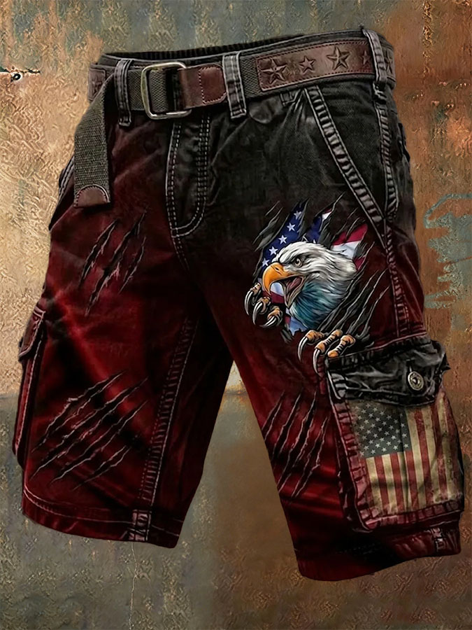 Men'S Retro American Flag Independence Day Multi Pocket Printed Workwear Shorts (Without Belt)