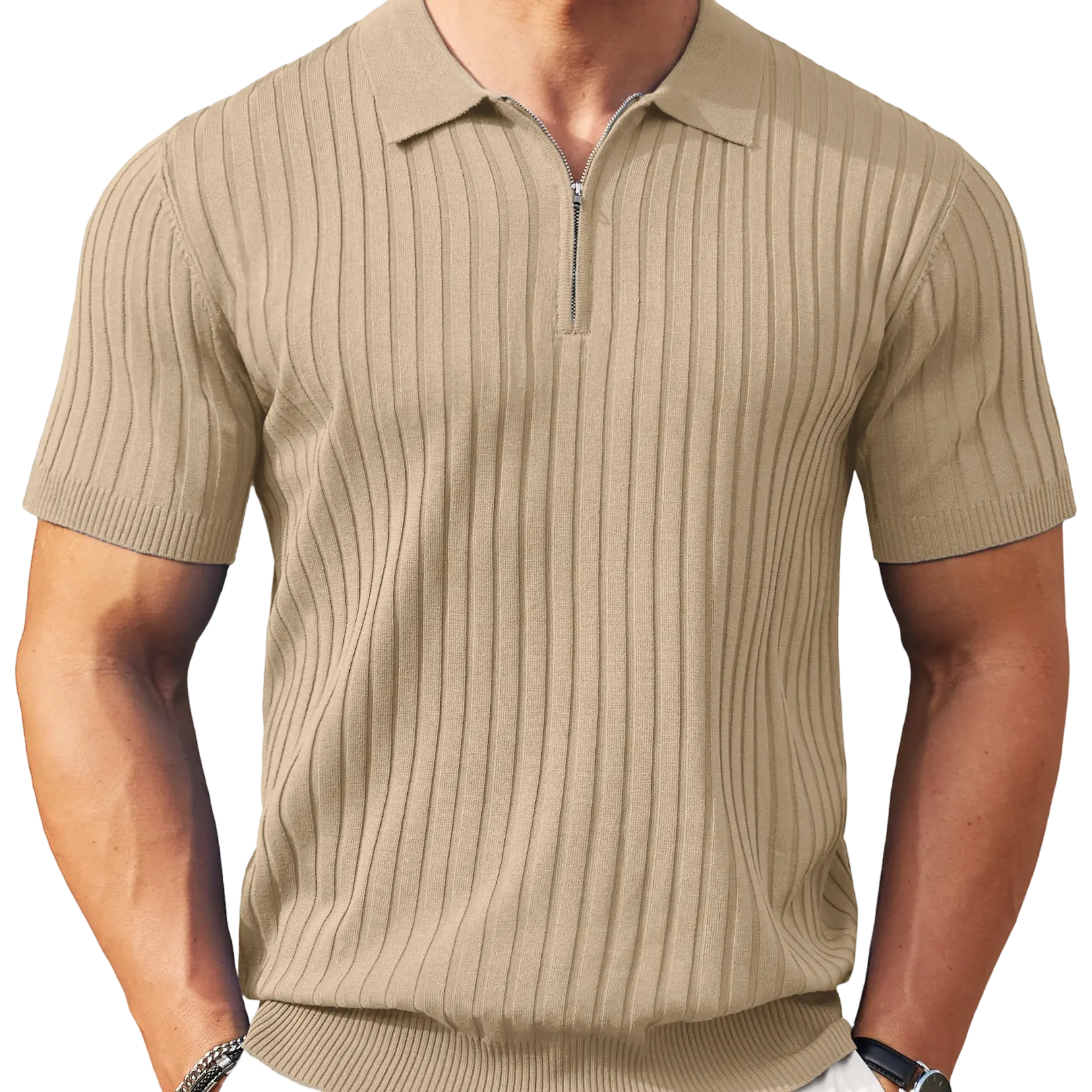 New York Fashion Week Men's Zipper Polo Shirts Short Sleeve Ribbed Knit Polo