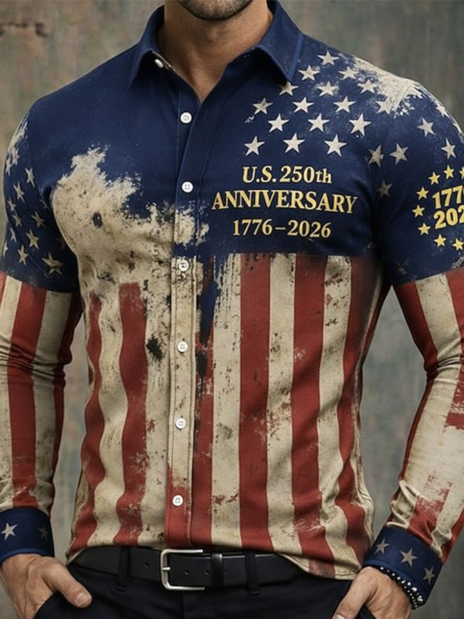 Men'S Retro Independence Day Flag Printed Casual Shirt
